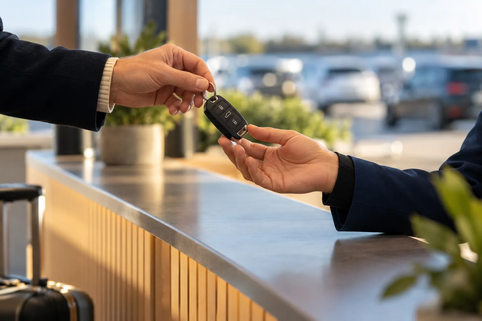 Illustration of a car key handover at a desk