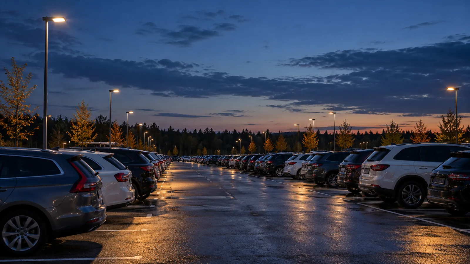 Illustration of a parking area at dusk