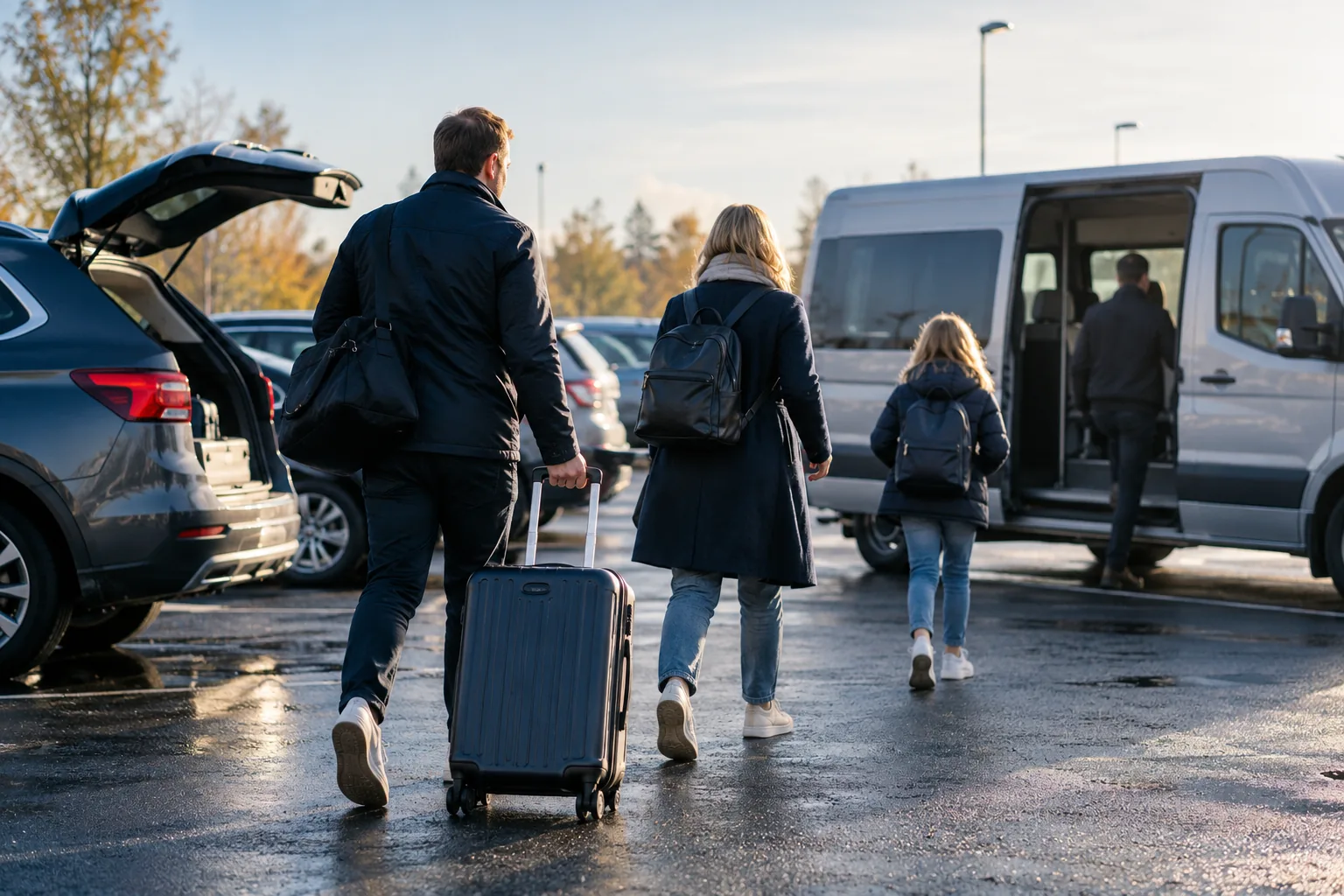 Illustration of travelers boarding a shuttle